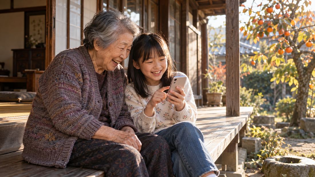 縁側で孫と笑うおばあさん
